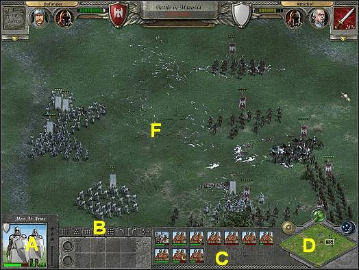 Wizerunek wybranego oddziału ( A ) - Wyświetlany jest tu wizerunek aktualnie wybranego oddziału wraz z jego stanem osobowym (u dołu) - Bitwa w trybie RTS | Wojna w Knights of Honor - Knights of Honor - poradnik do gry