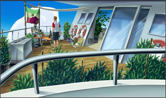 Wyszedł na taras, gdzie spotkał kolejnego starego znajomego - Rutgera, który zdradził mu powód utraty pamięci - Nurkując w przeszłość (1) | Rozdział V | Runaway 2 Sen Żółwia - Runaway 2: Sen Żółwia - poradnik do gry