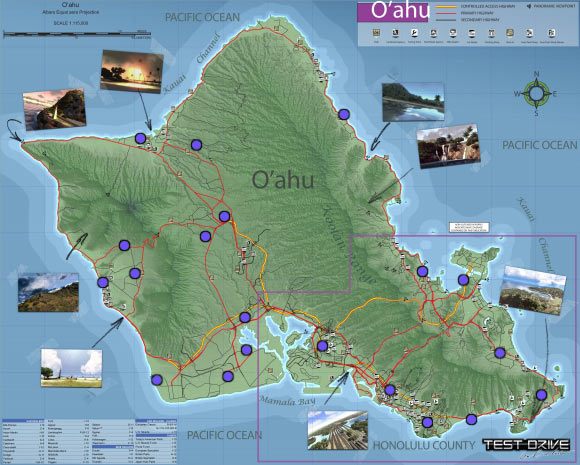 Niebieskie punkty na mapie to miejsca, w których będzie można wykonywać zadania związane z przewożeniem nielegalnych paczuszek - dodatkowe wyzwania | Mapa Oahu | Test Drive Unlimited - Test Drive Unlimited - poradnik do gry
