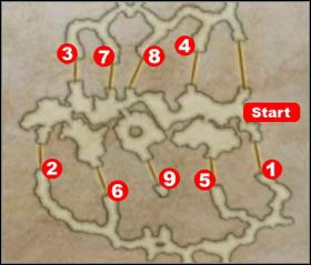 Żeby otworzyć Pilgrims Door, trzeba trochę się natańczyć. Ustaw się w punkcie Start i biegnij ponumerowaną ścieżką: wyjdź z obszaru przez 1, wejdź z powrotem przez 2, wyjdź przez 3, wejdź przez 4 itd. - Sochen Cave Palace | Część II | Solucja Final Fantasy XII - Final Fantasy XII - poradnik do gry