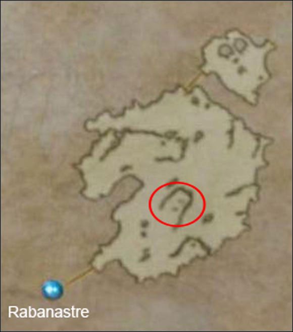 Na czerwono zaznaczony jest występ skalny, na którym znajdziesz Rouge Tomato, obszar na północy to obóz mieszkańców tej pustyni (ich wioska jest kawałek dalej). - Dalmasca Estersand | Część I | Solucja Final Fantasy XII - Final Fantasy XII - poradnik do gry