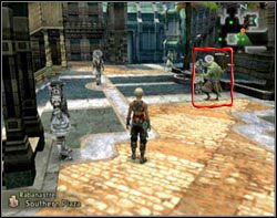 Idziesz do Southern Plaza i rozmawiasz z zielonym bangą o imieniu Dessert Merchant [zaznaczony na obrazku ] zgadzasz się spełnić jego prośbę i wybierając Sure, no problem, wychodzisz East gate - Rabanastre | Część I | Solucja Final Fantasy XII - Final Fantasy XII - poradnik do gry