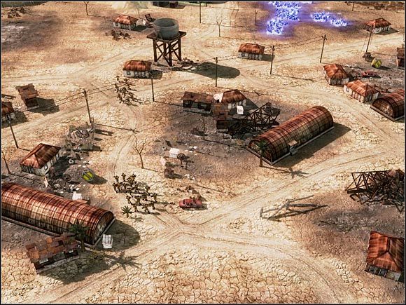 W wiosce na wschodzie znajdziesz kilka skrzyń. Wcześniej wyeliminuj patrolujących ten teren żołnierzy wroga. - Nod - Pustynia Amazońska | Command & Conquer 3 Wojny o Tyberium - Command & Conquer 3: Wojny o Tyberium - poradnik do gry