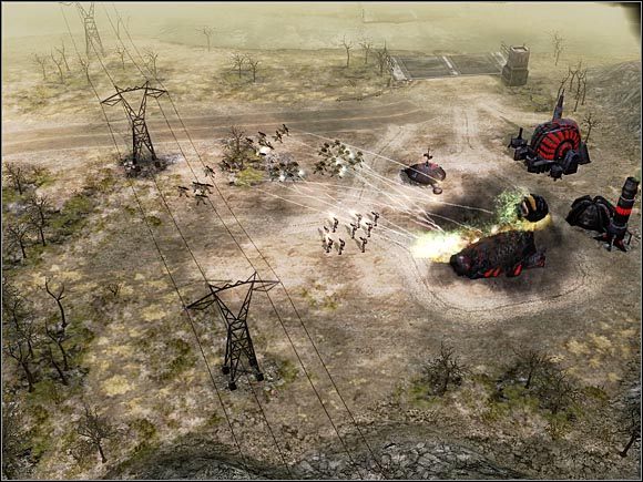 W ataku na bazę Bractwa wykorzystaj drużyny wsparcia rakietowego. Strzelcy nie radzą sobie z niszczeniem budynków. - Poradnik do gry - GDI - Prolog Command & Conquer 3 Wojny o Tyberium - Command & Conquer 3: Wojny o Tyberium - poradnik do gry