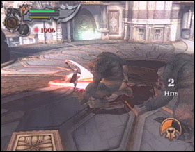 Użyj pokrętła, by otworzyć wylot powietrza i unieś się na nim tak, by dosięgnąć dźwigni - Auditorium of Atropos | Solucja God of War II - God of War II - poradnik do gry