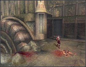 Przewróć słup, który stał za Minotaurem (R1) i przejdź po ścianie, następnie złap się liany i przedostań się do miejsca, w którym widziałeś walczącego z potworami żołnierza - The Ruins of the Forgotten (2) | Solucja God of War II - God of War II - poradnik do gry