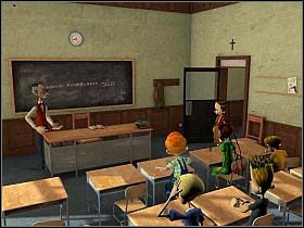 Tony wpada do klasy spóźniony i na dzień dobry musi wytłumaczyć się dlaczego (zepsuty budzik vel problemy gastryczne) - Miłe złego początki... | Szkoła, 8:25, Szpital 13:34 | Tony Tough 2 - Tony Tough 2: A Rakes Progress - poradnik do gry