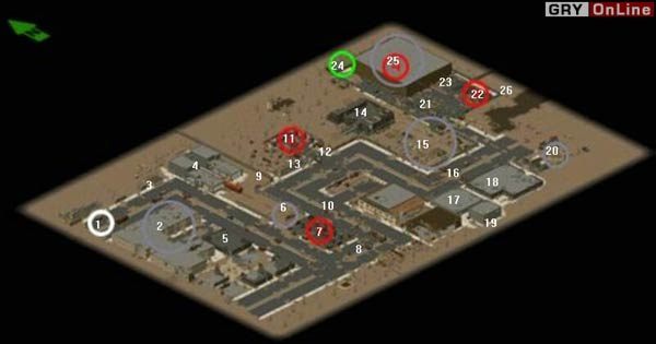 1: Miejsce startu, tutaj też znajdziesz pojazd zwiadowczy (jest tylko dwuosobowy) - Mapy: Jefferson | Fallout Tactics Brotherhood of Steel - Fallout Tactics: Brotherhood of Steel - poradnik do gry