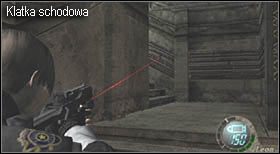 Dalsza droga prowadzi przez drzwi oświetlone czerwonym światłem i schody prowadzące na górę - Island (5-1) - Uwięziona Ashley | Solucja Resident Evil 4 - Resident Evil 4 - PC - poradnik do gry