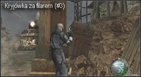 Gdy przejmiesz kontrolę nad bohaterem podbiegnij kilka kroków naprzód i schowaj się za filarem po prawej, by uniknąć ataku z działa - Island (5-4) - wsparcie powietrzne | Solucja Resident Evil 4 - Resident Evil 4 - PC - poradnik do gry