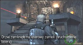 Drzwi, obok których znajdują się wielkie pochodnie (przed momentem widoczna była scenka, jak Ashley tędy prowadzą), zamknięte są na laserowy zamek - Island (5-1) - laserowe przejście | Solucja Resident Evil 4 - Resident Evil 4 - PC - poradnik do gry