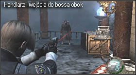 pozbierać przedmioty zgromadzone na stole (dużo amunicji ), przeprowadzić transakcje handlowe, zapisać stan gry i udać się do pobliskich drzwi, za którymi czeka Cię walka z bossem - Castle (4-4) - wieża | Solucja Resident Evil 4 - Resident Evil 4 - PC - poradnik do gry