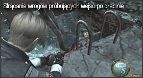 Nieco dalej natrafisz na metalową drabinę, po której wejdź na górę i stamtąd pozbądź się reszty przeciwników (tych, którzy spróbują wejść na górę strącaj nożem) - Castle (4-3) - ruiny zamkowe | Solucja Resident Evil 4 - Resident Evil 4 - PC - poradnik do gry