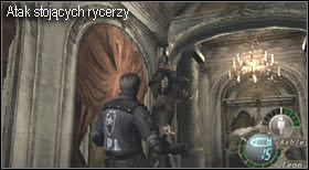 Dalsza droga jest dla niej zbyt niebezpieczna, gdyż przejść musisz koło dwóch zbroi rycerskich, które tak jak wcześniej Ashley będą próbowały Cię unicestwić (odskakuj w odpowiedniej chwili, by uniknąć obrażeń) - Castle (4-1) - waleczni rycerze | Solucja Resident Evil 4 - Resident Evil 4 - PC - poradnik do gry
