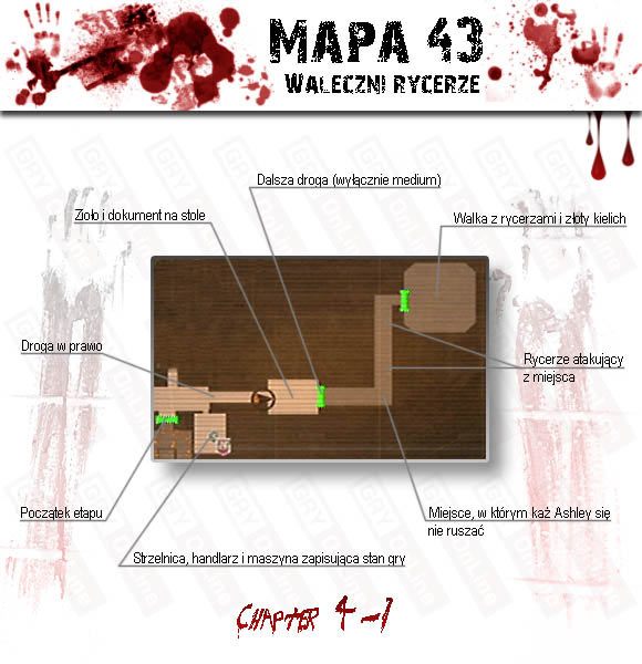 Etap rozpoczynasz w miejscu, przez które przechodzić będziesz kilkukrotnie, dlatego powyższa mapa jest tylko fragmentem lokacji, potrzebnym do opisu, a zawartym w tym rozdziale poradnika - Castle (4-1) - waleczni rycerze | Solucja Resident Evil 4 - Resident Evil 4 - PC - poradnik do gry
