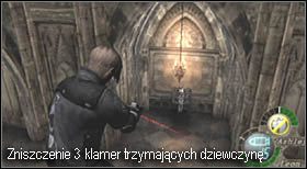 strzelając ze zwykłego pistoletu, bądź - jeśli nie dajesz sobie radę - ze snajperki, zniszcz trzy klamry, które trzymają dziewczynę - Castle (3-4) - Oswobodzenie Ashley | Solucja Resident Evil 4 - Resident Evil 4 - PC - poradnik do gry