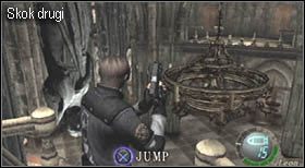 Następnie spożytkuj żyrandol i przeskocz na drugi balkon (tam opróżnij dwie wazy), by znów skorzystać z drugiego skoku nieco dalej - Castle (3-2) - ucieczka sprzed ołtarza | Solucja Resident Evil 4 - Resident Evil 4 - PC - poradnik do gry