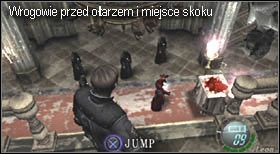 Po rozpoczęciu etapu, nim przejmiesz kontrole nad Leonem obejrzysz krótką scenkę, w której widoczne będą postacie stojące przed ołtarzem - Castle (3-2) - ucieczka sprzed ołtarza | Solucja Resident Evil 4 - Resident Evil 4 - PC - poradnik do gry