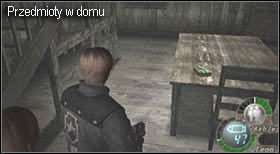 W domu rozrzucone będą różne przedmioty, i tak: żółte zioło znajduje się na szafce koło drzwi wejściowych (zdjęcie), amunicja do strzelby na stole (zdjęcie), czerwone zioło na parterze pod schodami, zielone zioło koło barierki na piętrze, granaty na półkach na piętrze - Village (2-2) - obrona domu | Solucja Resident Evil 4 - Resident Evil 4 - PC - poradnik do gry