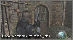 Następnie udaj się za świątynię - przechodząc przez łuk w murze zaatakują Cię dwaj nieprzyjaciele - Village (1-3) - cmentarz | Solucja Resident Evil 4 - Resident Evil 4 - PC - poradnik do gry