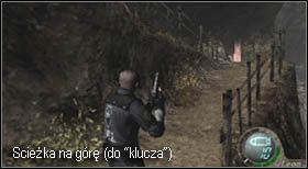 Nie bawiąc się zbytnio, kieruj się ścieżką na górę, gdyż tam znajduje się pierwszy fragment, potrzebny do otwarcia bramy - Village (1-2) - pierwszy handlarz | Solucja Resident Evil 4 - Resident Evil 4 - PC - poradnik do gry