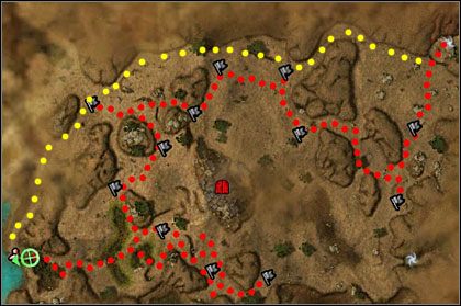 Zadania do wykonania: należy dojść do Magrid (ludzik na mapie) nie będąc zauważonym przez załogę twierdzy (czerwona brama na środku mapy) - Cmentarz Venta (misja) | Kourna | Guild Wars Nightfall - Guild Wars: Nightfall - poradnik do gry