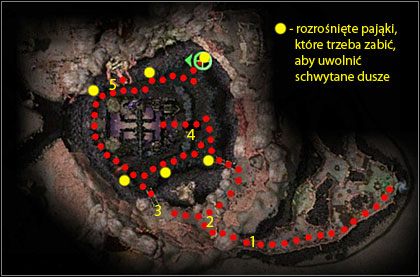 Zadania do wykonania: należy uwolnić dziesięć dusz, czyli zabić sześć malutkich pajęczaków (żółte kółka na mapie) - Brama Bólu miasto i misja | Krainy Udręki | Guild Wars Nightfall - Guild Wars: Nightfall - poradnik do gry