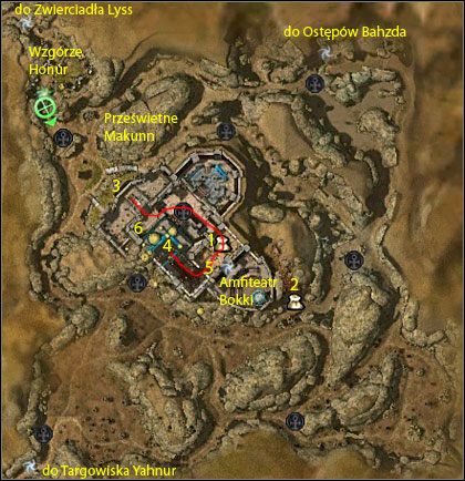 Czerwoną linią zaznaczyłem drogę do Księcia Bokki Wspaniałego - Wzgórze Honur, Prześwietne Makunn, Amfiteatr Bokki | Vabbi - Guild Wars: Nightfall - poradnik do gry