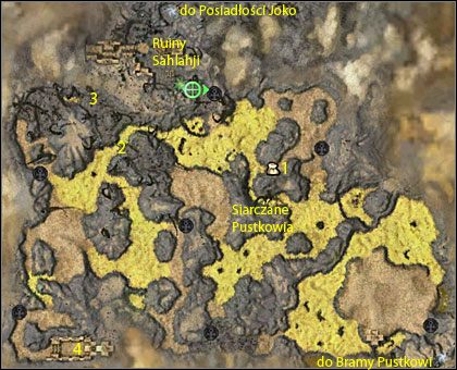 Siarczane Pustkowia są jednym z miejsc, gdzie można znaleźć specjalną skrzynkę, z której wypada złoty przedmiot oraz od 500 do 3000 złota (im dalsza kraina tym więcej) - Ruiny Sahlahji (miasto), Siarczane Pustkowia | Pustkowia | Guild Wars Nightfall - Guild Wars: Nightfall - poradnik do gry