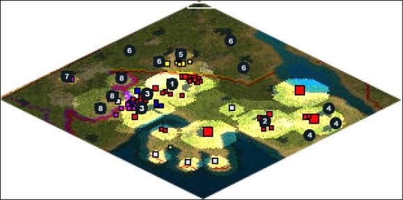 Bitwę zaczynasz posiadając dwa miasta: 1 (tu stacjonuje Twoja armia) i 2 (nie ufortyfikowane i bez garnizonu) - Thrace | Alexander the Great w Rise of Nations - Rise of Nations - poradnik do gry