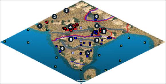 Zaczynasz z trzema miastami 1 , 2 , i 3 , z których najbardziej rozwinięte jest to pierwsze - India | Alexander the Great w Rise of Nations - Rise of Nations - poradnik do gry