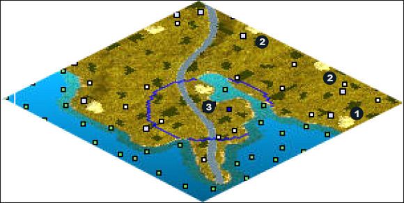 Zaczynasz w 1 i możesz spokojnie się rozbudowywać po swojej stronie zatoki (na przykład w 2 ) - Louisiana Territory | The New World Iroquois w Rise of Nations - Rise of Nations - poradnik do gry
