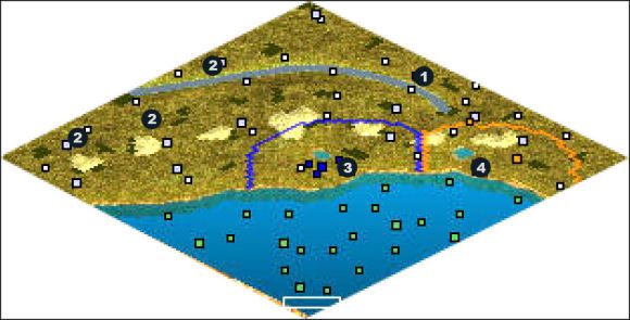 Zaczynasz w 1 ale zanim zaczniesz budować miasta przesuń się na północ i tam rozbuduj kolejne osiedla (2 ) - Central Basin | The New World Iroquois w Rise of Nations - Rise of Nations - poradnik do gry