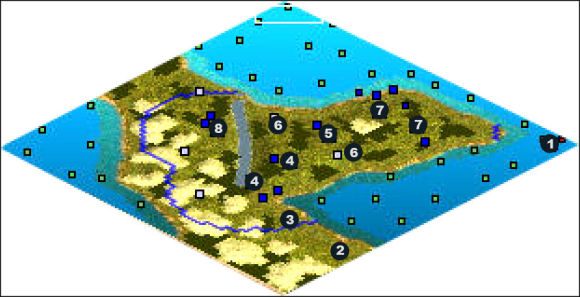 Zaczynasz w 1 ale całą flotę musisz skierować do 2 gdzie wylądujesz - Yucatan | The New World Americans w Rise of Nations - Rise of Nations - poradnik do gry