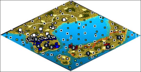 Na starcie masz trzy miasta (1 ), bazę wojskową (2 ) i desant na półwyspie (3 ) - South Korea | The Cold War Americans w Rise of Nations - Rise of Nations - poradnik do gry