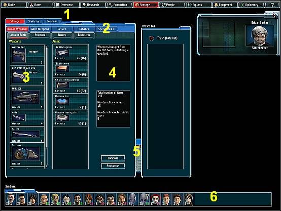 Z poziomu tego ekranu możliwym jest zarządzanie sprzętem znajdujących się w magazynach bazy - Ekran magazynu | Ekrany gry UFO Afterlight - Bitwa o Marsa - UFO: Afterlight - Bitwa o Marsa - poradnik do gry
