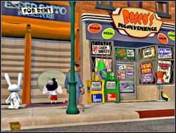 Po prawej stronie biura Sam i Maks napotkali małego dzieciaka, który zawzięcie malował na ścianie graffiti przedstawiające wskazującego na swoje oczy dziwnego mężczyznę we fryzurze afro - Zapomniane gwiazdy telewizyjne | I. Culture Shock | Sam & Max Sezon 1 - Sam & Max: Sezon 1 - poradnik do gry