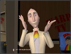 Zanim jednak przystąpiono do kręcenia programu, bohaterowie postanowili jeszcze nieco pomęczyć wiecznie uśmiechniętego Hugh - Gwiazdy małego ekranu, część IV - Nie-Milionerzy | II. Situation Comedy - Sam & Max: Sezon 1 - poradnik do gry