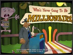 Sam podszedł w stronę sceny, na której znajdowały się stanowiska gospodarza oraz uczestnika turnieju - Gwiazdy małego ekranu, część IV - Nie-Milionerzy | II. Situation Comedy - Sam & Max: Sezon 1 - poradnik do gry