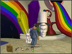 Szczęśliwy Lincoln nagrodził bohaterów talizmanem gastrokinezy pozwalającym w magiczny sposób zmusić człowieka do zwrócenia spożytego pokarmu - Magiczne talizmany | VI. Bright Side of the Moon | Sam & Max Sezon 1 - Sam & Max: Sezon 1 - poradnik do gry