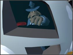 Po przyjrzeniu się dokładnie lądownikowi, detektyw spostrzegł, że jego drzwi zatrzaśnięte są na stary, samochodowy zamek, który z łatwością dało się odblokować za pomocą wygiętego wieszaka na ubrania - Magiczne talizmany | VI. Bright Side of the Moon | Sam & Max Sezon 1 - Sam & Max: Sezon 1 - poradnik do gry