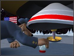 Sam podłożył pudełko ze zginającym łyżki talizmanem pod wylotem dysz lądownika, a następnie odpalił pojazd - Magiczne talizmany | VI. Bright Side of the Moon | Sam & Max Sezon 1 - Sam & Max: Sezon 1 - poradnik do gry