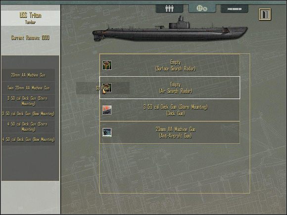 Ekran sklepiku z częściami zamiennymi i upgradeami. - Sekcja II - Panel Rozkazów - Sub Management (2) | Aparatura pokładowa - Silent Hunter 4: Wolves of the Pacific - poradnik do gry