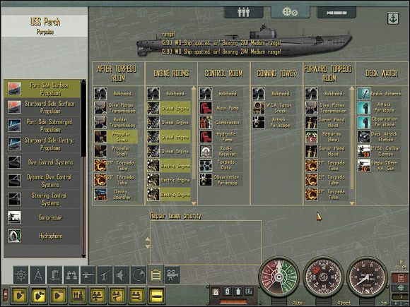 Ekran Zarządzania Uszkodzeniami - okręt podwodny sprawny w 100% - Sekcja II - Panel Rozkazów - Sub Management (2) | Aparatura pokładowa - Silent Hunter 4: Wolves of the Pacific - poradnik do gry