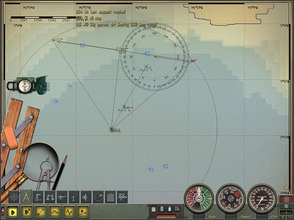 Fragment mapy z ilustracją możliwości wykorzystania dostępnych narzędzi kreślarskich przy Nawigacji. - Navigation Training (1) | Submarine School w Silent Hunter 4 - Silent Hunter 4: Wolves of the Pacific - poradnik do gry