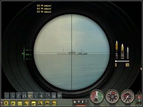 Pierwsza strzał sondażowy - po lewej widoczny dalmierz, a po prawej rodzaje amunicji. - Artillery Training (2) | Submarine School w Silent Hunter 4 - Silent Hunter 4: Wolves of the Pacific - poradnik do gry