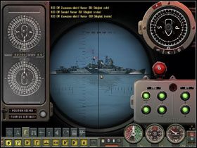 Rolką myszy dokonujemy zbliżenia obrazu widzianego przez Peryskop Bojowy, po czym klikamy kursorem w obrębie przecięcia siatek celownika i DOKŁADNIE układamy linię pozycji poziomej na linii wodnej okrętu wojennego - celu. Wybór zatwierdzamy ponownym kliknięciem LPM. - Torpedo Attack - Tryb zaawansowany praktyka (1) | Submarine School - Silent Hunter 4: Wolves of the Pacific - poradnik do gry