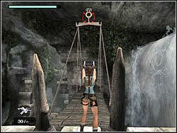 Zabij nietoperze i zlokalizuj obręcz w suficie, podtrzymującą całą konstrukcję mostu wiszącego - 04. Zaginiona Dolina (1) | Peru w Tomb Raider Anniversary - Tomb Raider: Anniversary - poradnik do gry