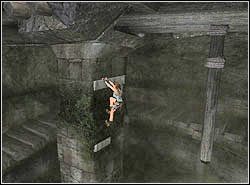 Skocz na skrzynię, zlokalizuj występy na kolumnie i wybij się w ich stronę łapiąc niższego - 05. Grobowiec Qualopeca (1) | Peru w Tomb Raider Anniversary - Tomb Raider: Anniversary - poradnik do gry
