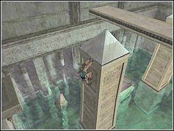 Wisząc na płycie tuż nad lustrem wody wybij się do tyłu na świeżo wypiętrzoną kolumnę - 12. Sanktuarium Dziecięcia (2) | Egipt w Tomb Raider Anniversary - Tomb Raider: Anniversary - poradnik do gry
